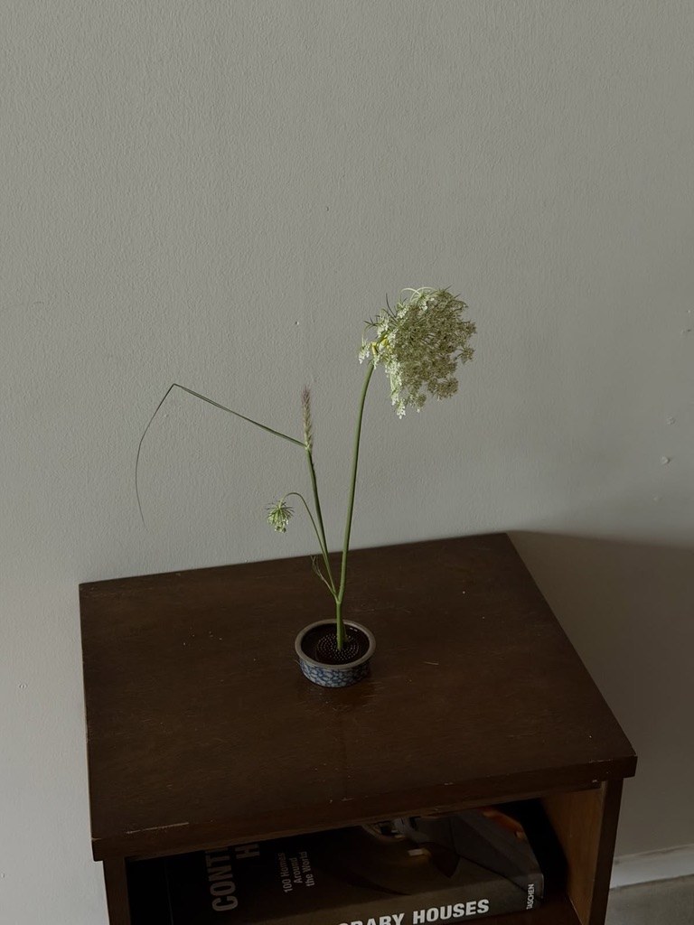 Una flor blanca en un jarrón pequeño sobre un mueble de madera.