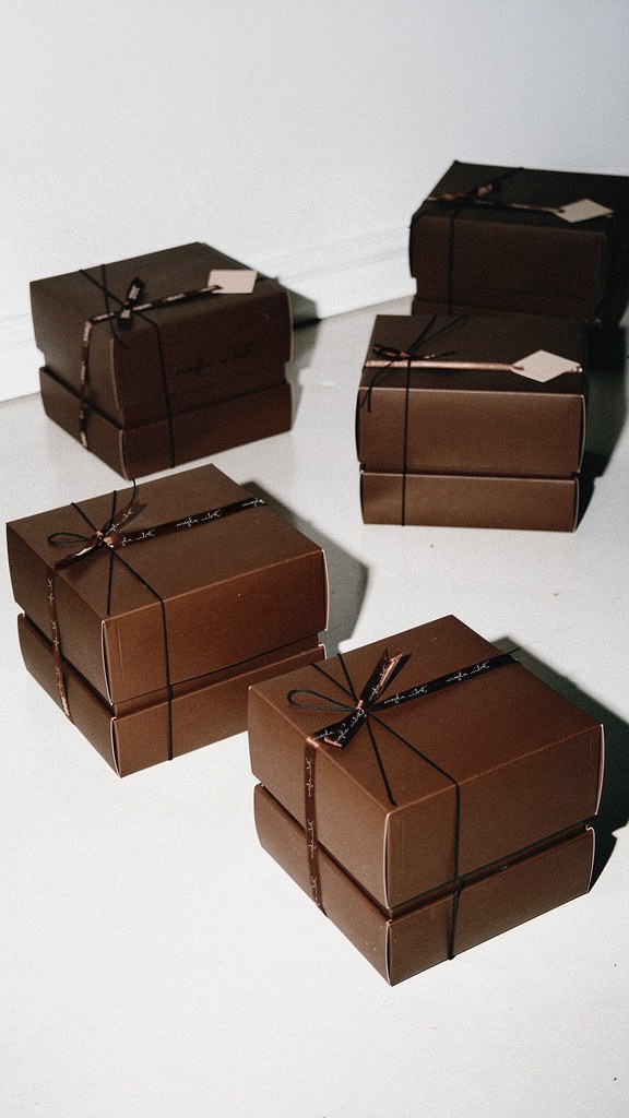 Cajas marrones con lazos y la identidad de Magda Ribot.