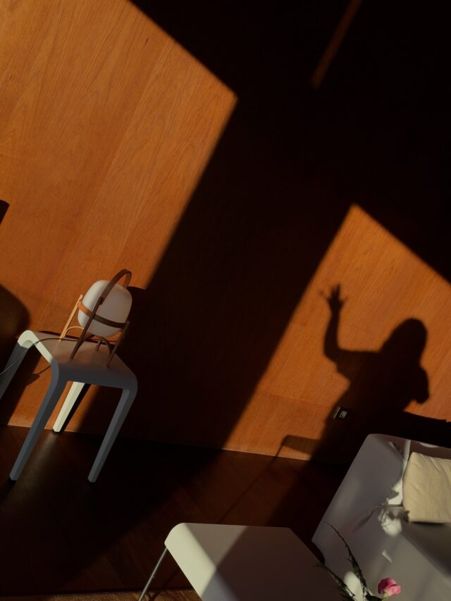Sombra de Luzía sobre una pared iluminada por el sol en Ardora Apartamentos.