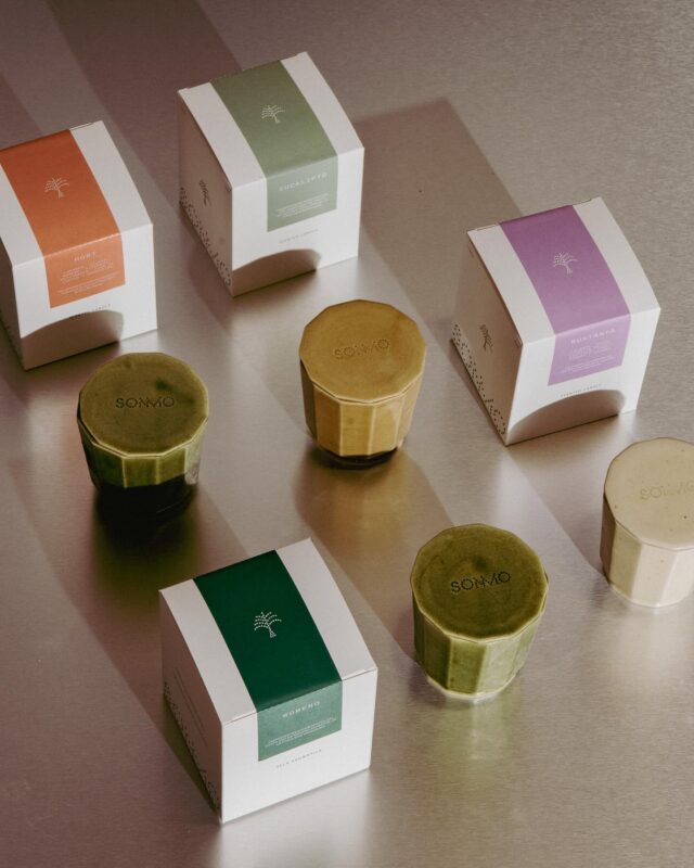 Envases y cajas de Sonmo con etiquetas verdes, naranjas y violetas.